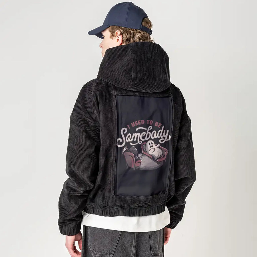 iusedtobesomebody patch on male retro cord hoodie in onyx