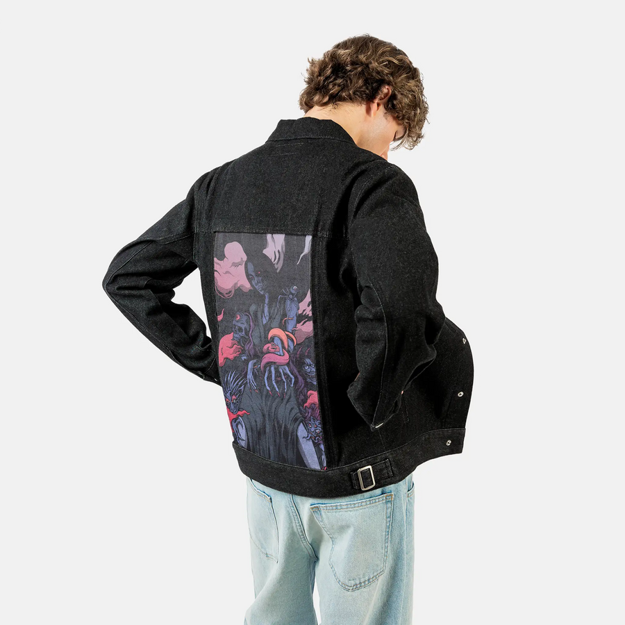 izanami patch on male og denim jacket in raven