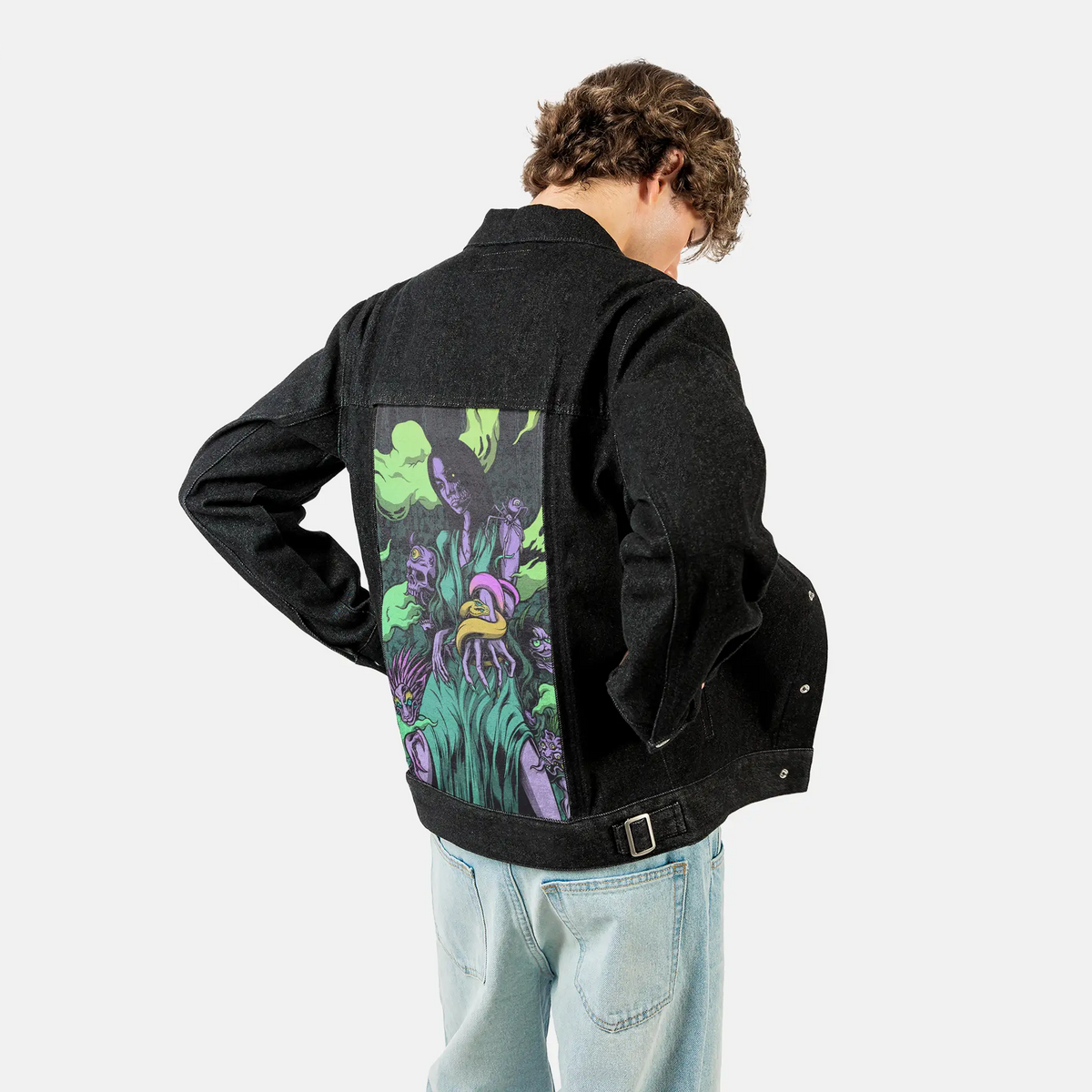 izanamilime patch on male og denim jacket in raven