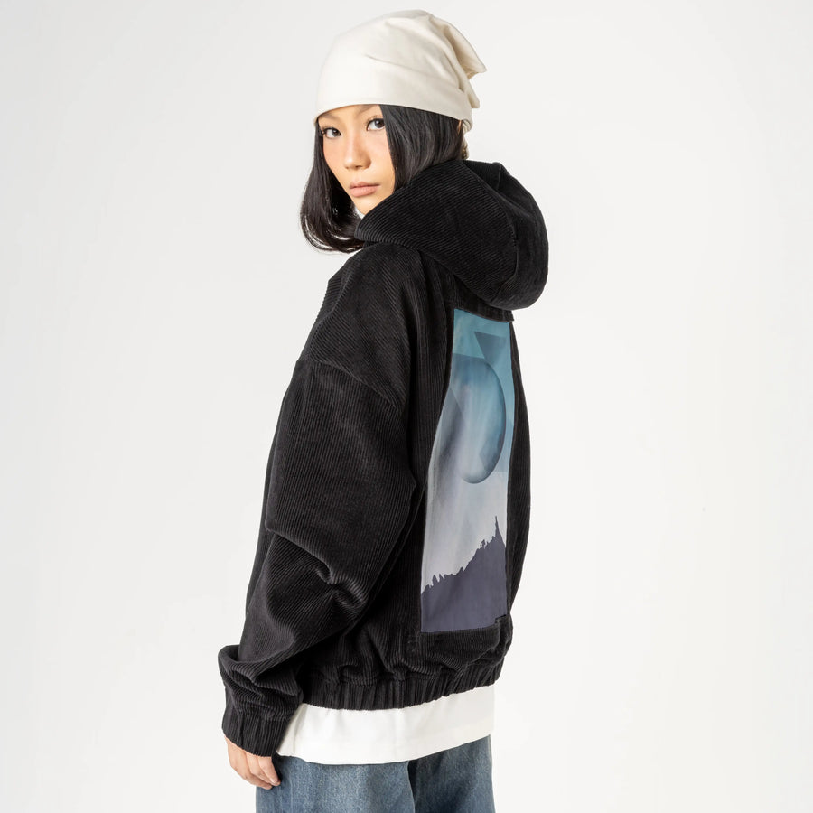 jaggedpeaks patch on female retro cord hoodie in onyx