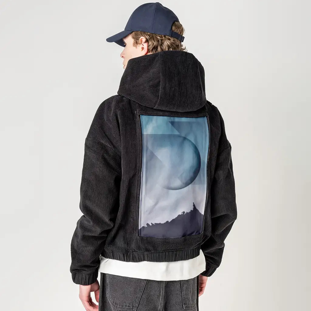 jaggedpeaks patch on male retro cord hoodie in onyx