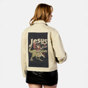 jesusisback patch on female atelier canvas jacket in tan