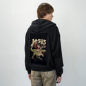jesusisback patch on male essential zip hoodie in after hours