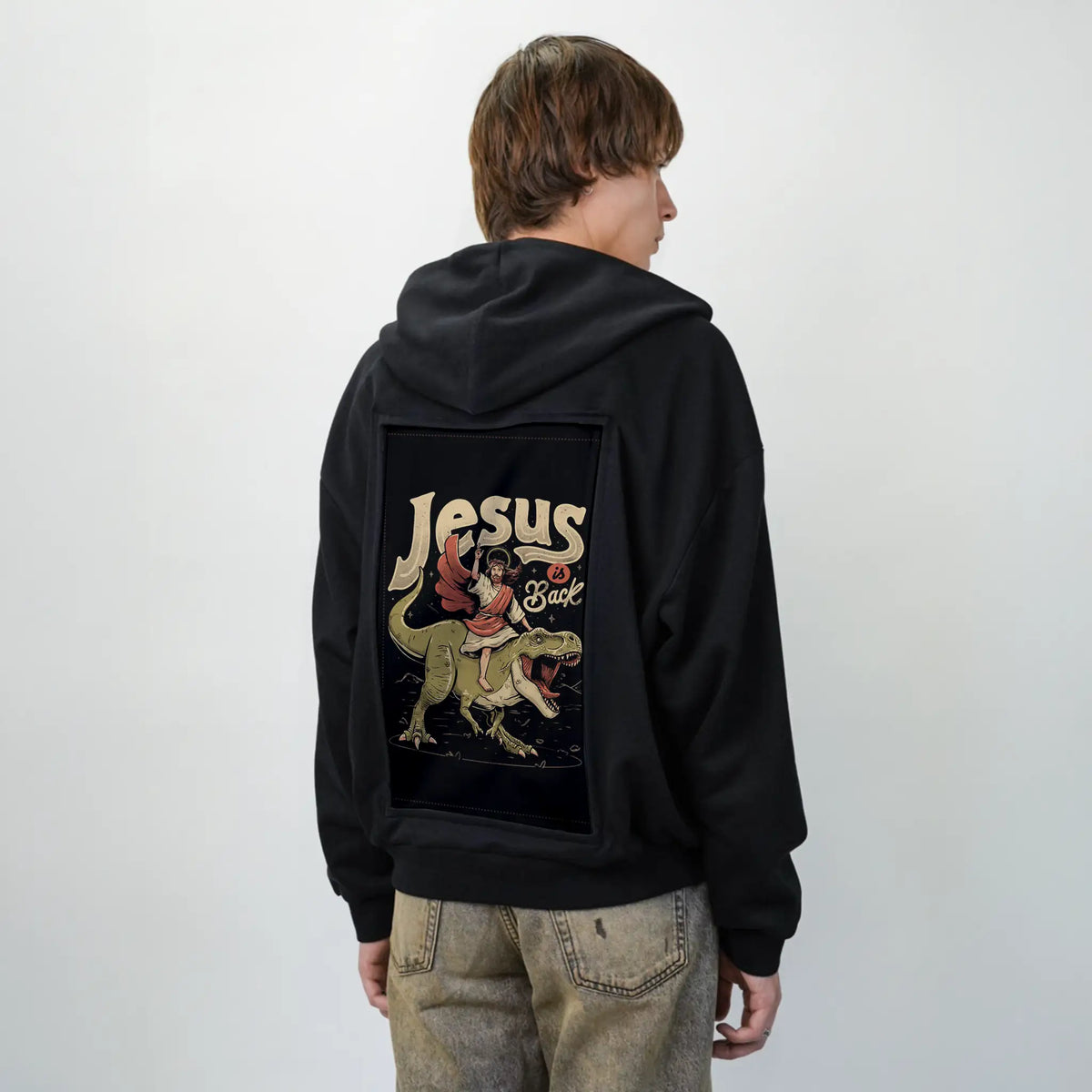 jesusisback patch on male essential zip hoodie in after hours