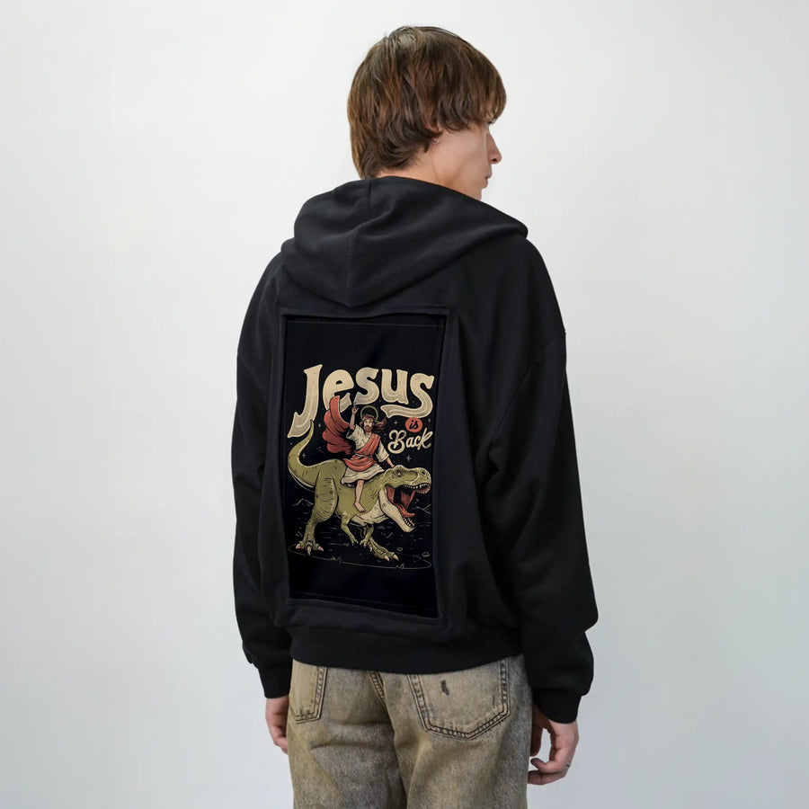 jesusisback patch on male essential zip hoodie in after hours