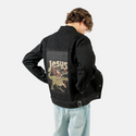 jesusisback patch on male og denim jacket in raven