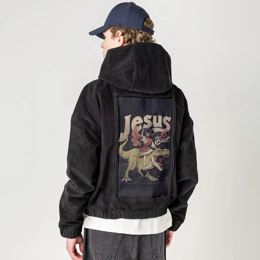 jesusisback patch on male retro cord hoodie in onyx