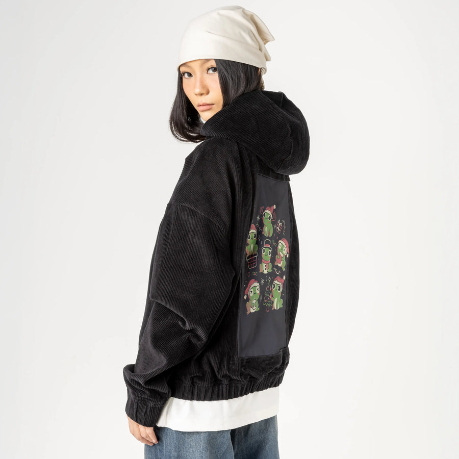 jollyfrogs patch on female retro cord hoodie in onyx