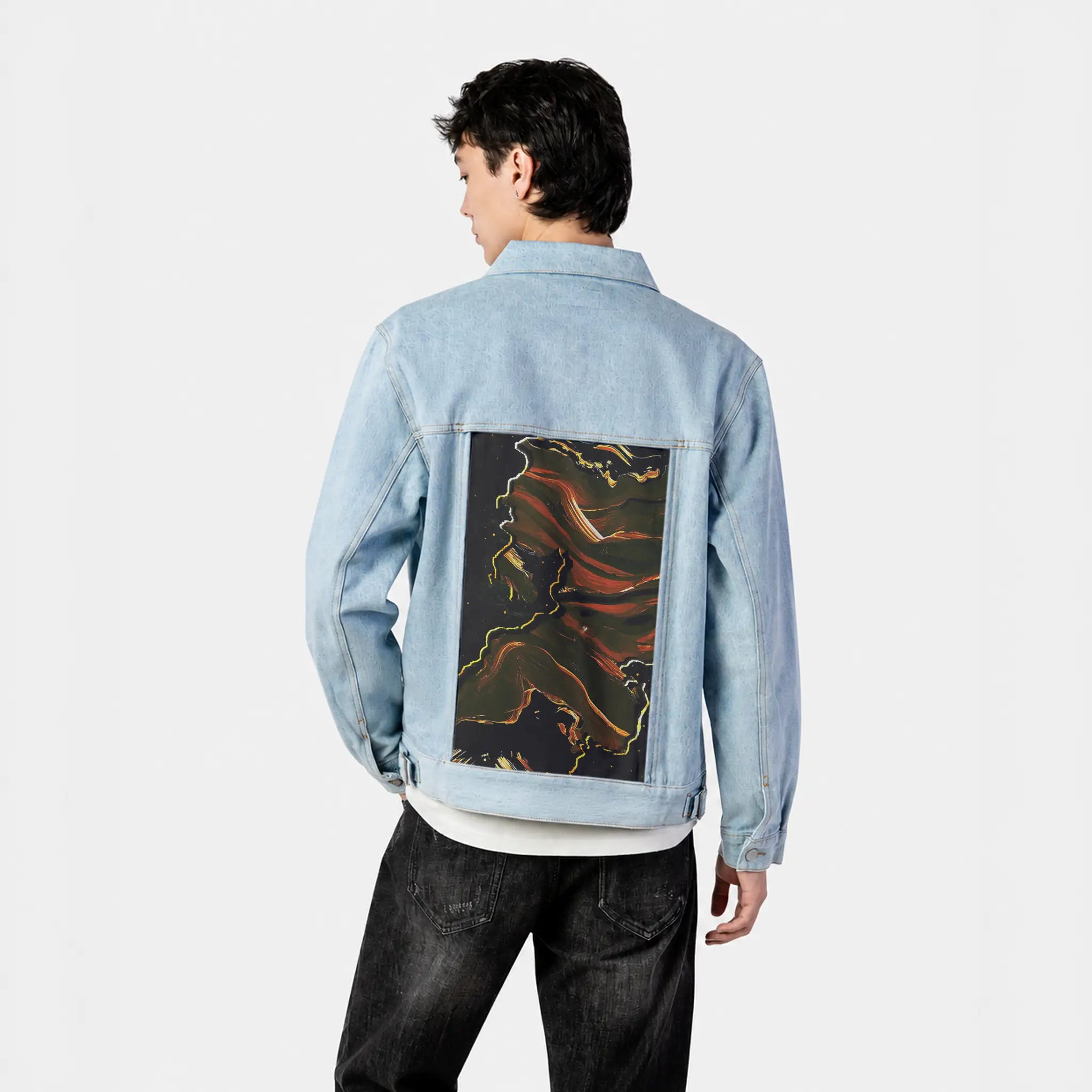 journeytotheinnerworld patch on male og denim jacket in oceanside