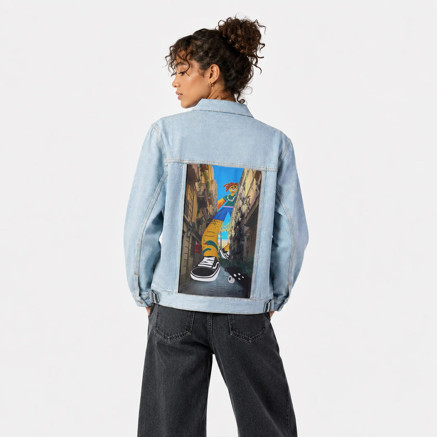 jumboskater patch on female og denim jacket in oceanside