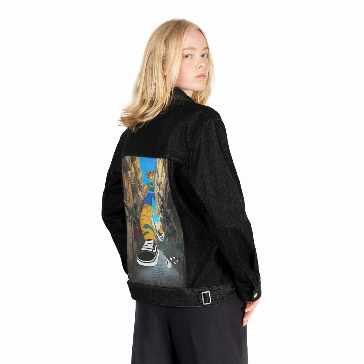 jumboskater patch on female og denim jacket in raven