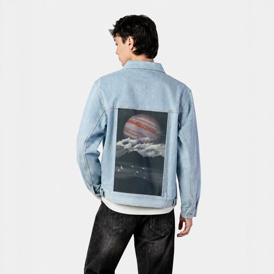 jupiterabove patch on male og denim jacket in oceanside