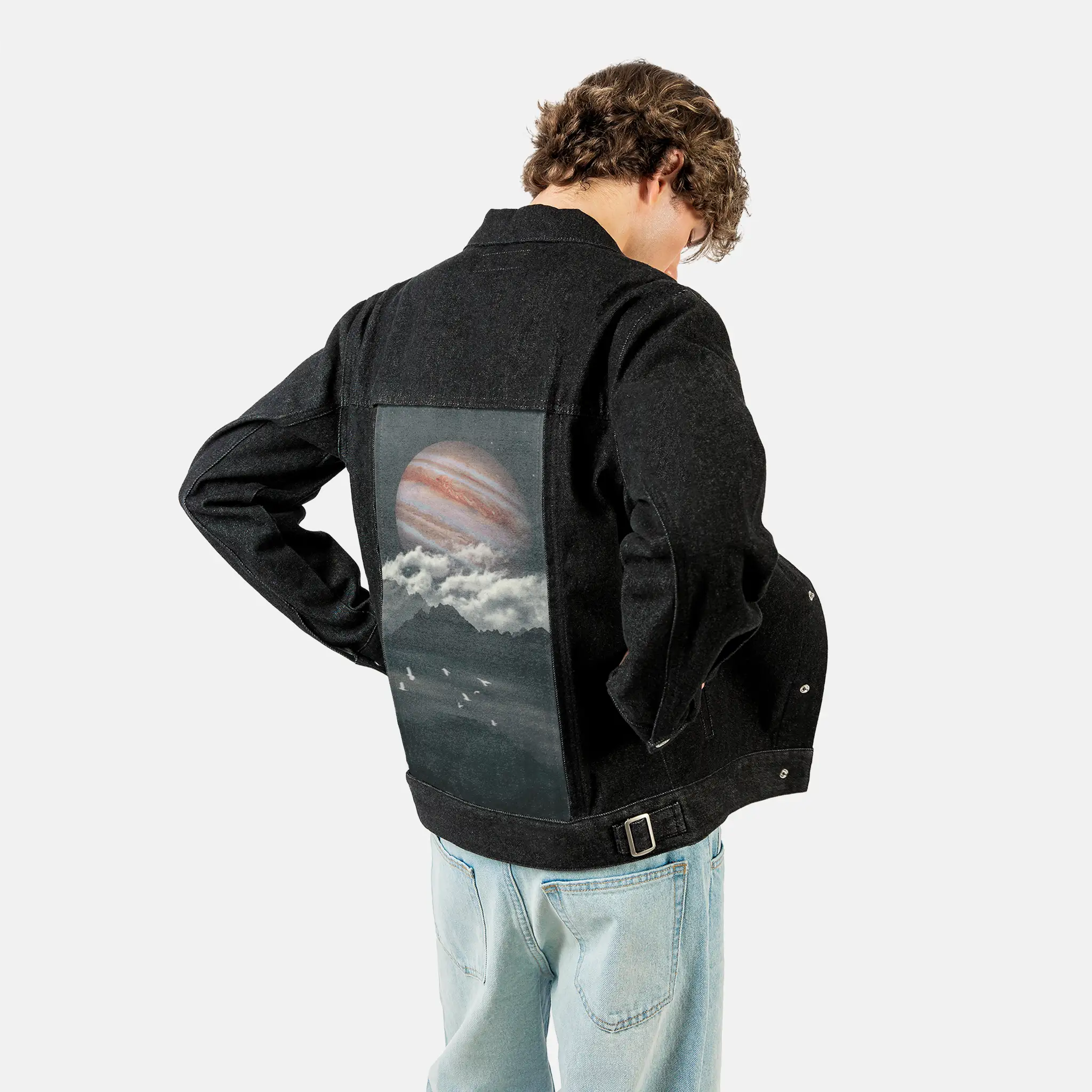 jupiterabove patch on male og denim jacket in raven