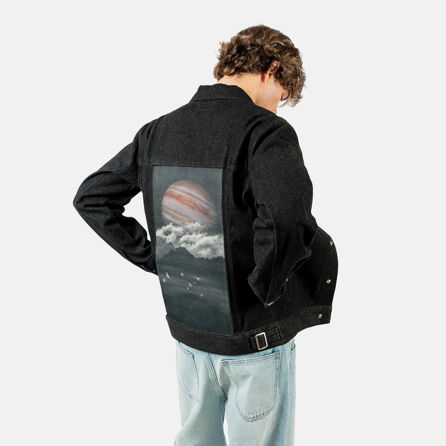 jupiterabove patch on male og denim jacket in raven