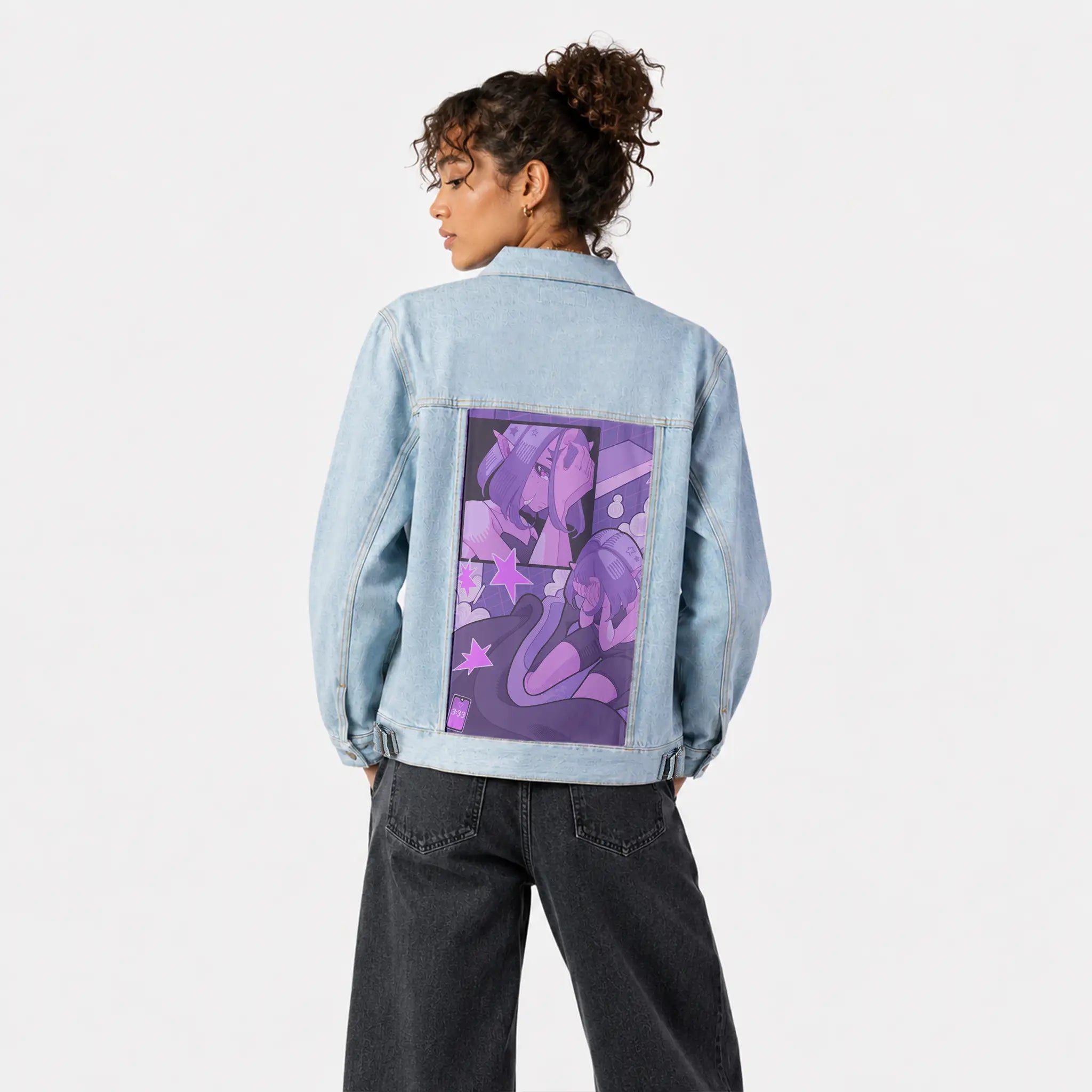 justadream patch on female og denim jacket in oceanside