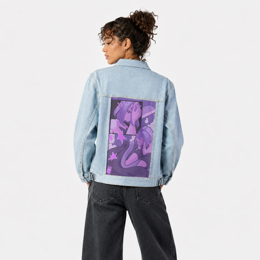 justadream patch on female og denim jacket in oceanside