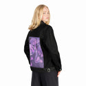 justadream patch on female og denim jacket in raven