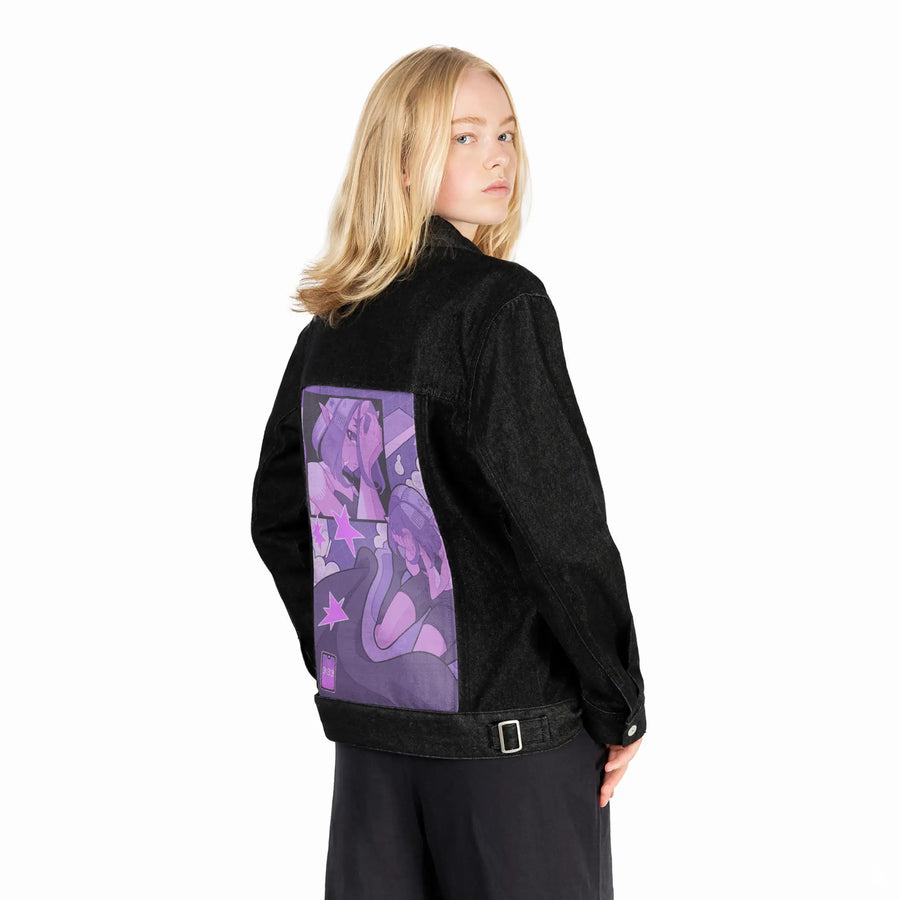 justadream patch on female og denim jacket in raven