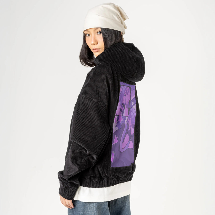 justadream patch on female retro cord hoodie in onyx