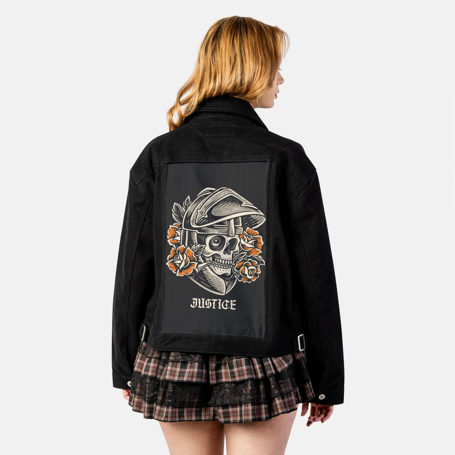 justice patch on female atelier canvas jacket in nightfall