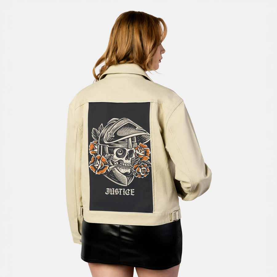 justice patch on female atelier canvas jacket in tan