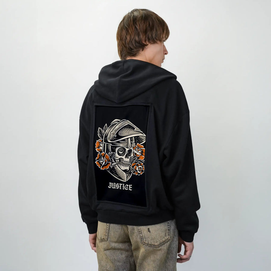 justice patch on male essential zip hoodie in after hours