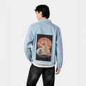 kaijumeowster patch on male og denim jacket in oceanside