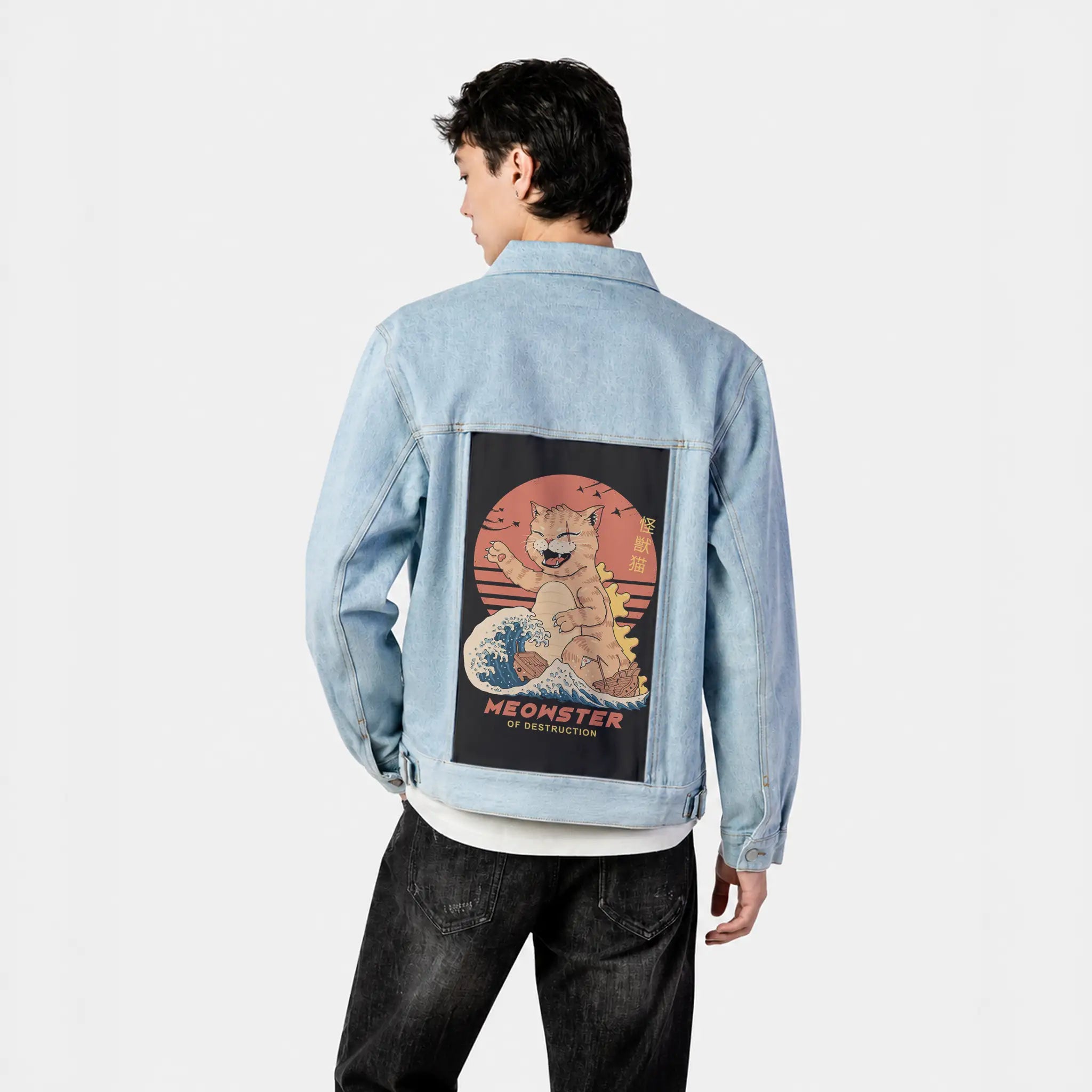 kaijumeowster patch on male og denim jacket in oceanside