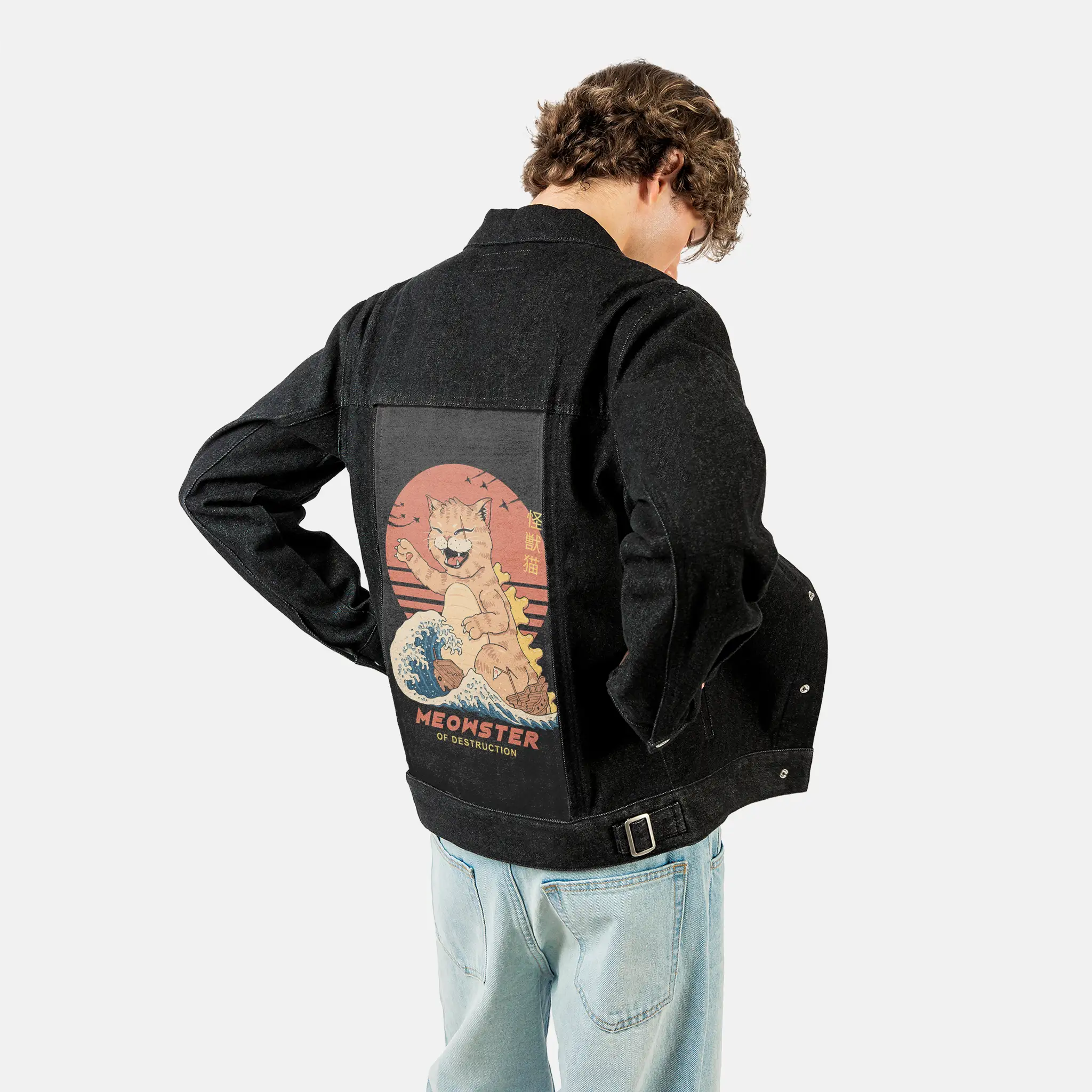 kaijumeowster patch on male og denim jacket in raven
