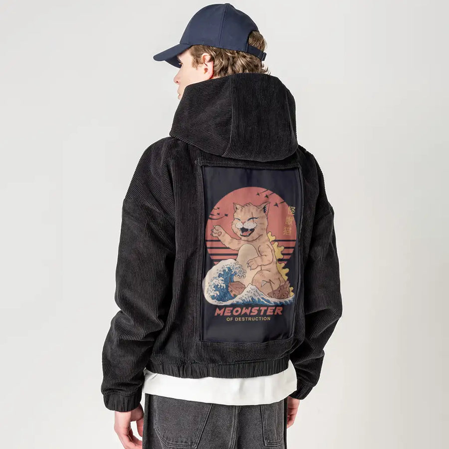 kaijumeowster patch on male retro cord hoodie in onyx