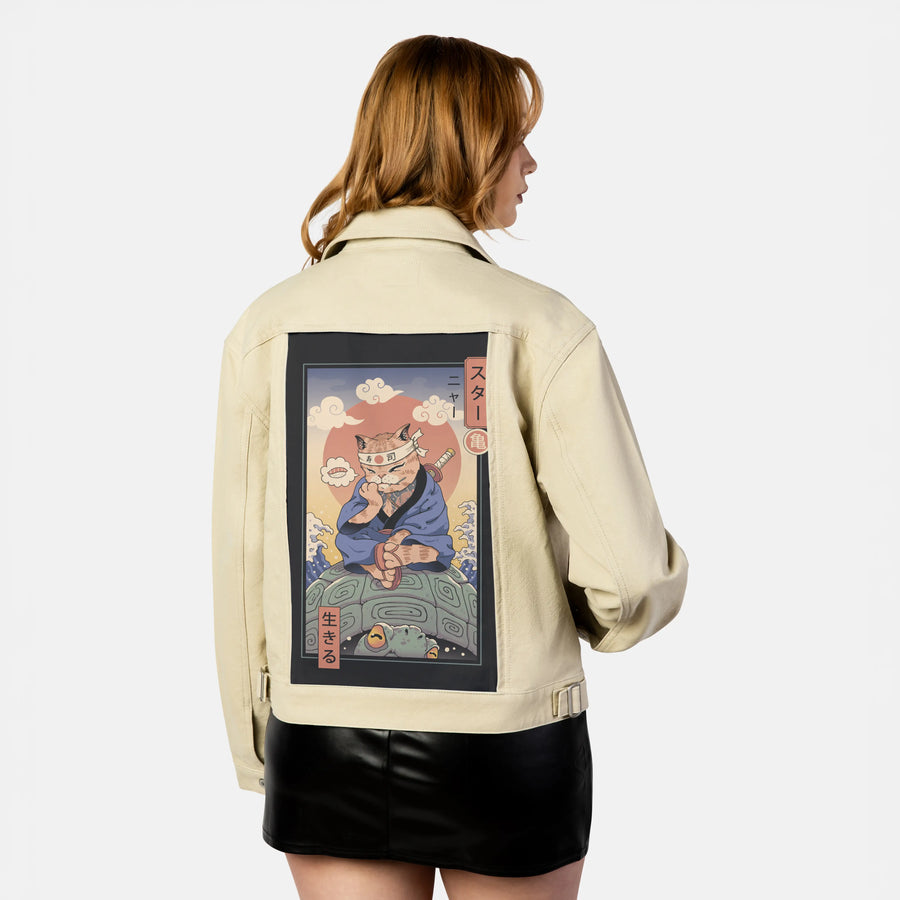 kamemeowster patch on female atelier canvas jacket in tan