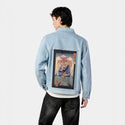 kamemeowster patch on male og denim jacket in oceanside