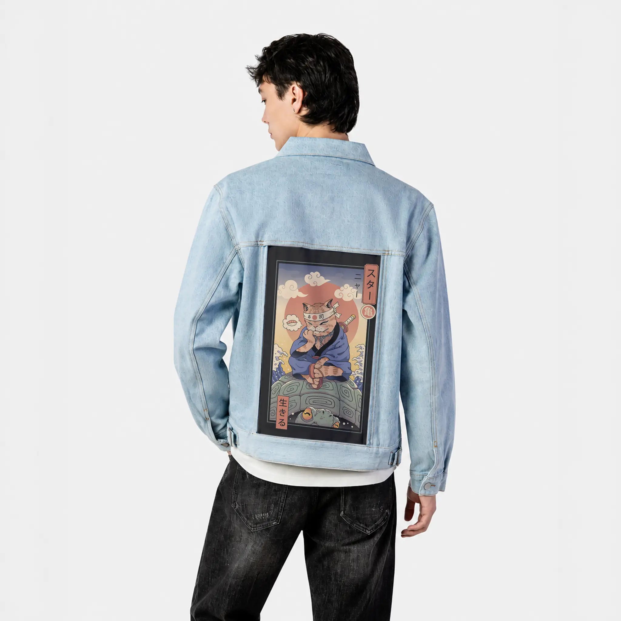 kamemeowster patch on male og denim jacket in oceanside