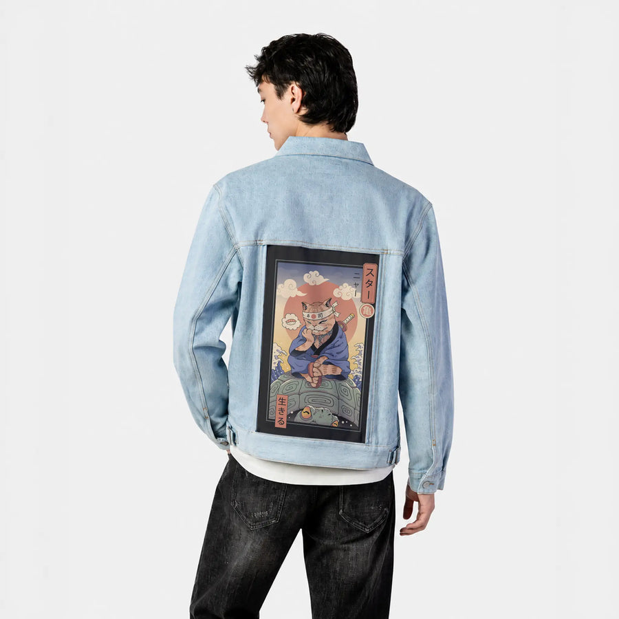 kamemeowster patch on male og denim jacket in oceanside