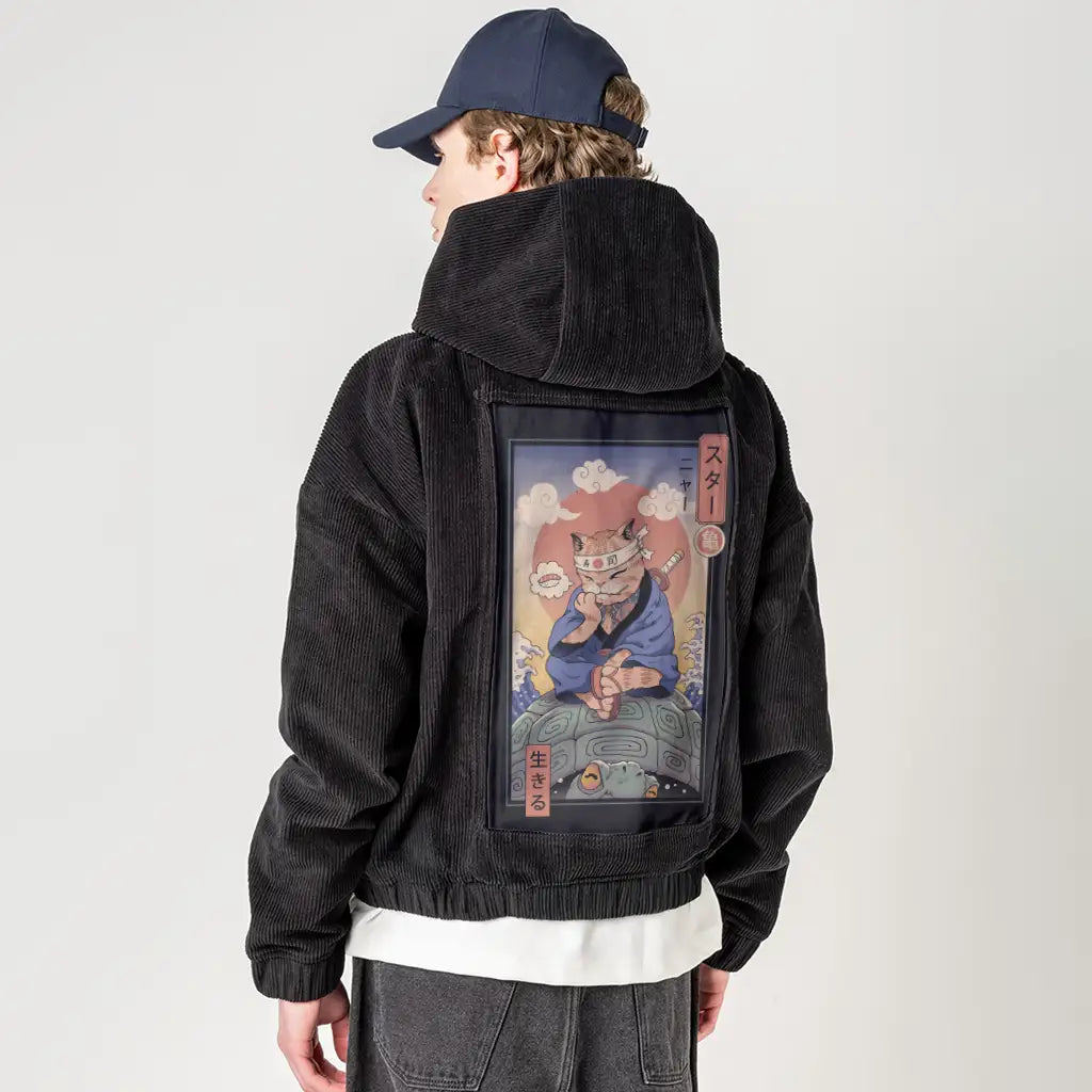 kamemeowster patch on male retro cord hoodie in onyx