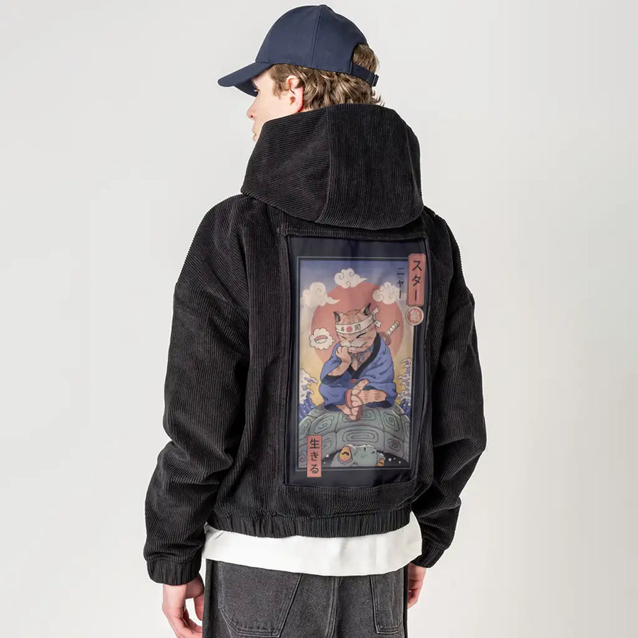 kamemeowster patch on male retro cord hoodie in onyx