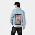 kamimeowstercat patch on male og denim jacket in oceanside
