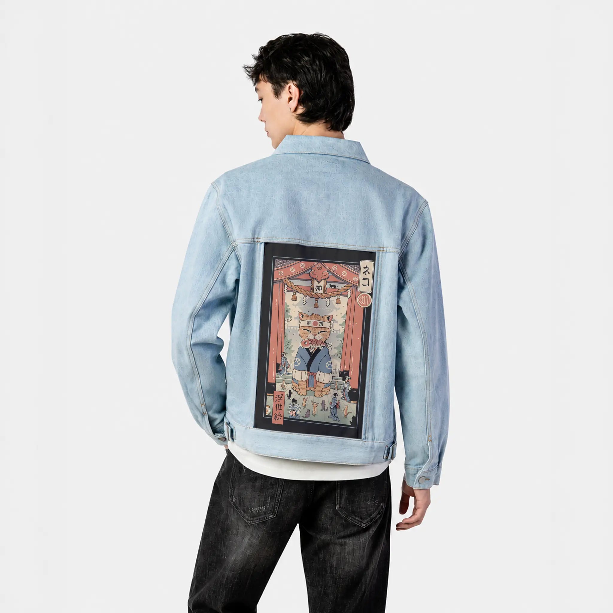 kamimeowstercat patch on male og denim jacket in oceanside