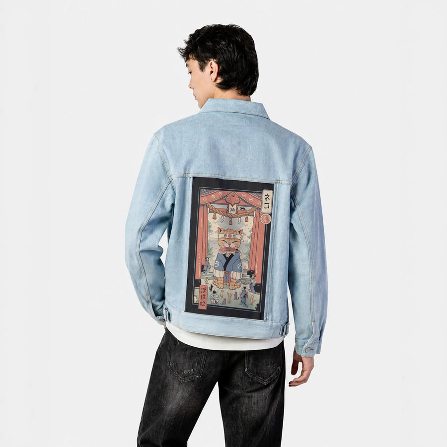 kamimeowstercat patch on male og denim jacket in oceanside
