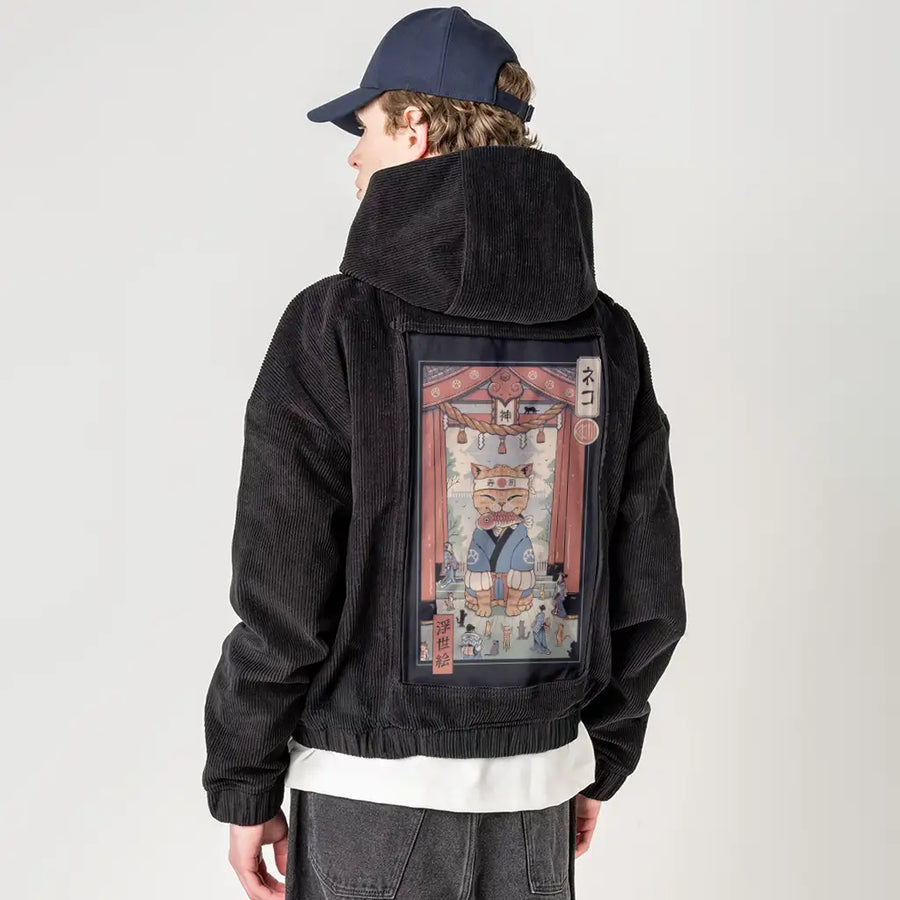 kamimeowstercat patch on male retro cord hoodie in onyx