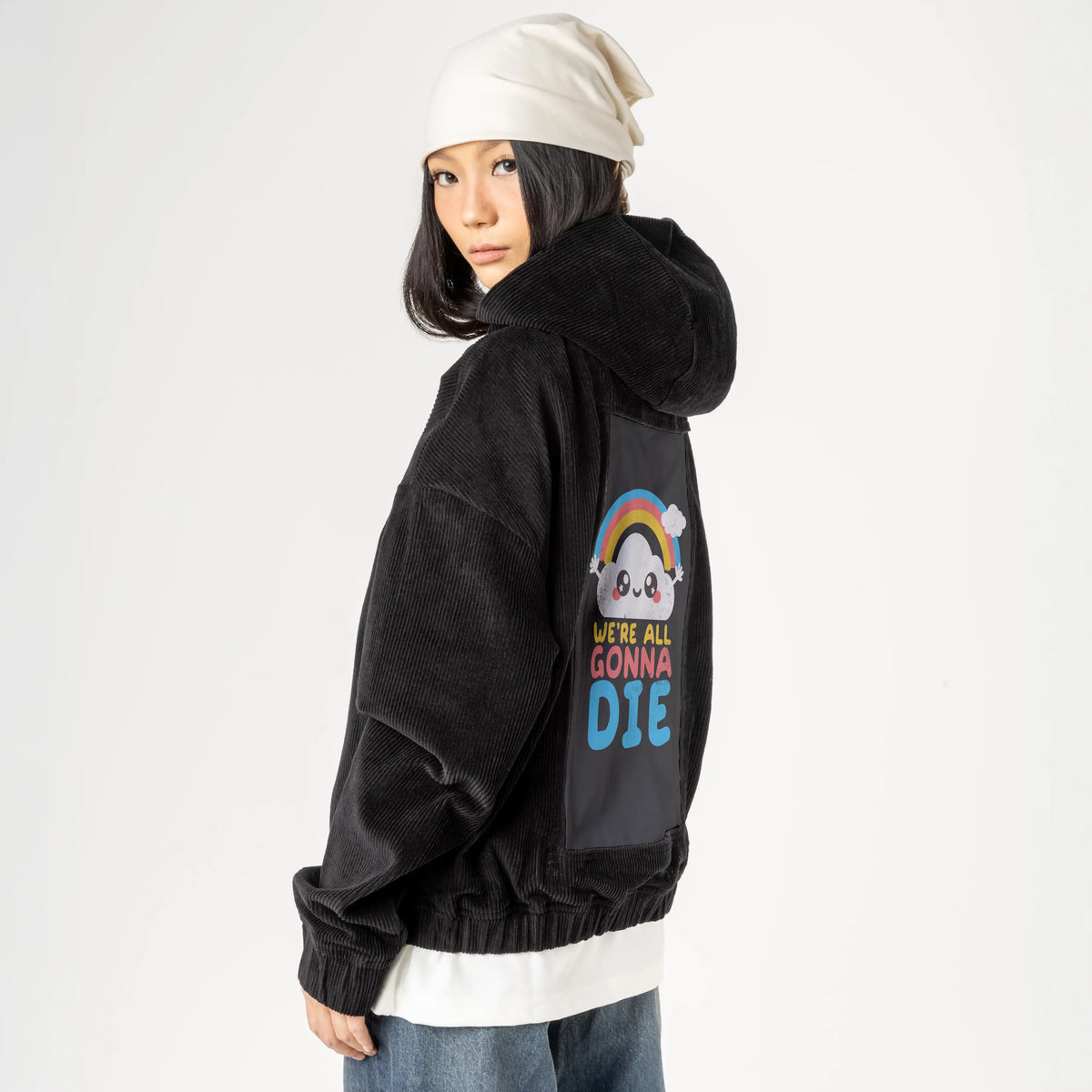 kawaiicloud patch on female retro cord hoodie in onyx