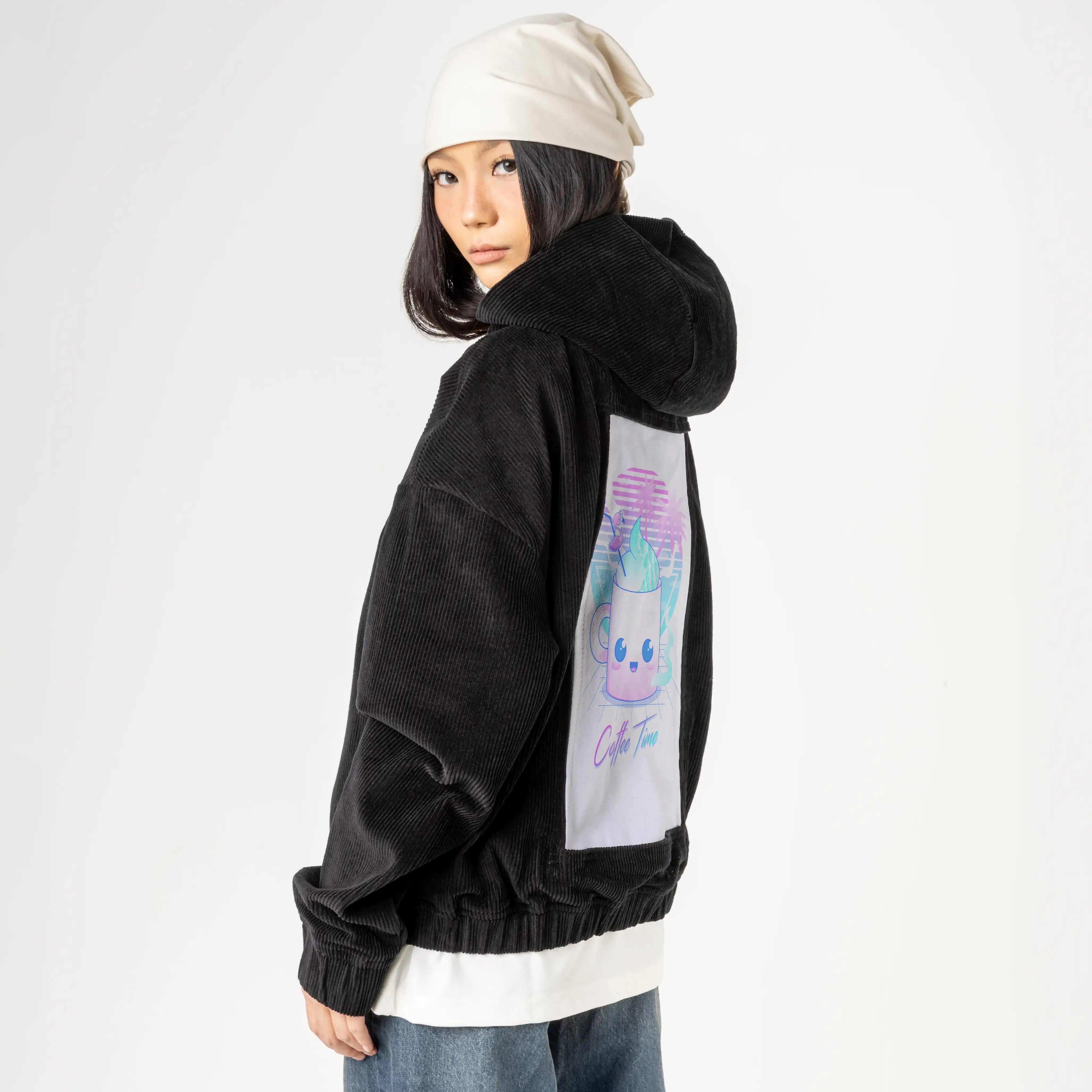 kawaiicoffeetime patch on female retro cord hoodie in onyx
