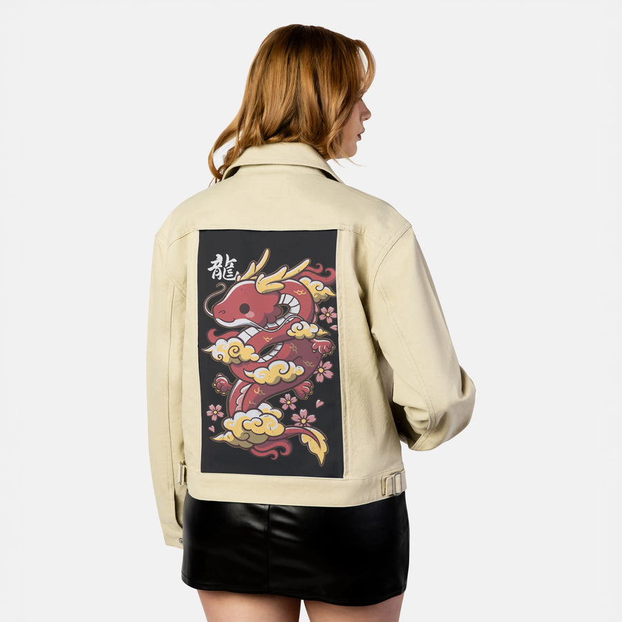 kawaiidragon patch on female atelier canvas jacket in tan