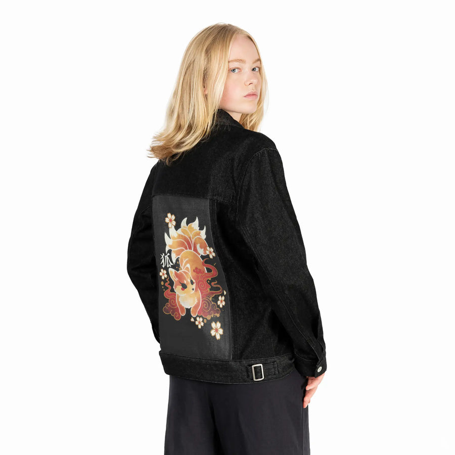 kawaiifox patch on female og denim jacket in raven