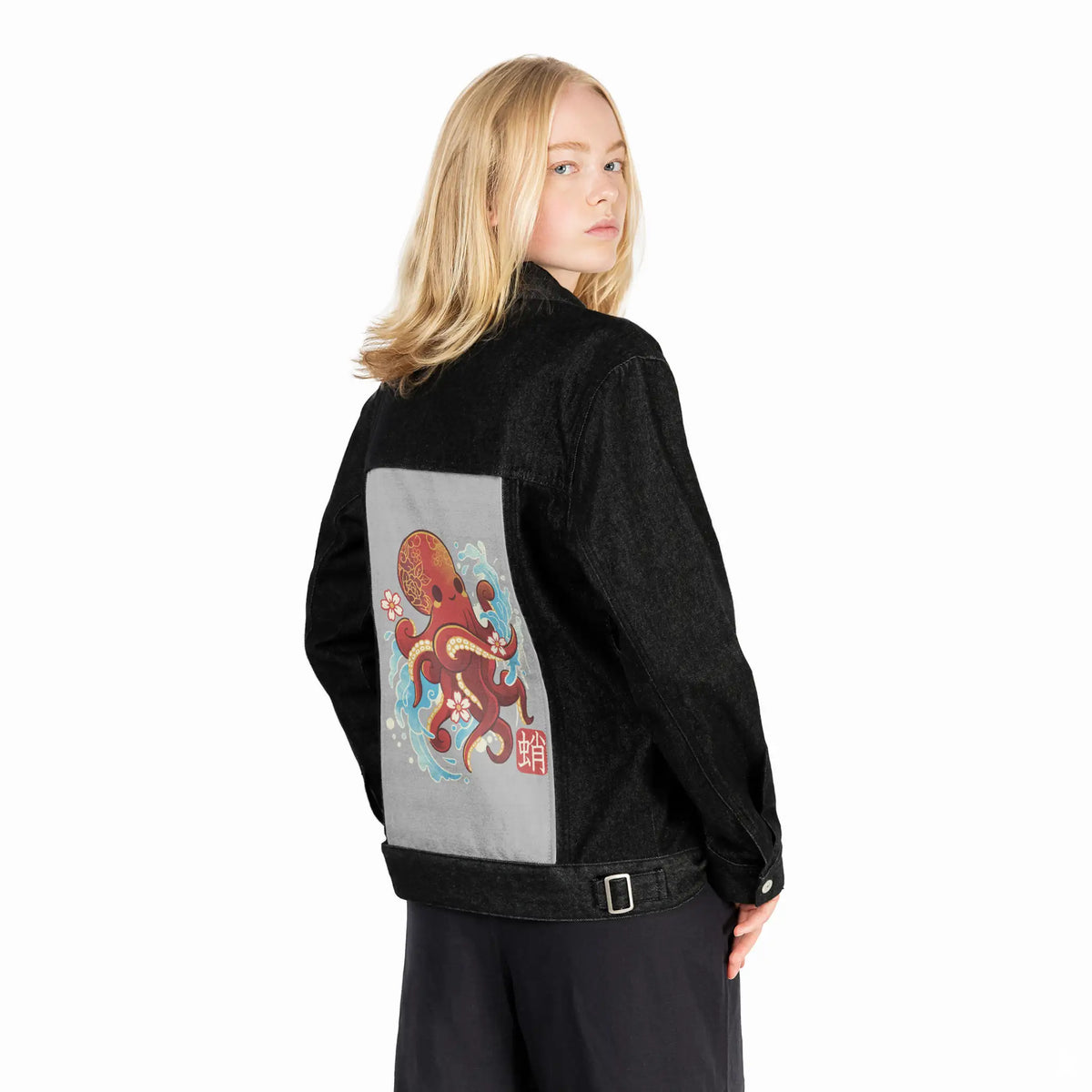 kawaiioctopus patch on female og denim jacket in raven