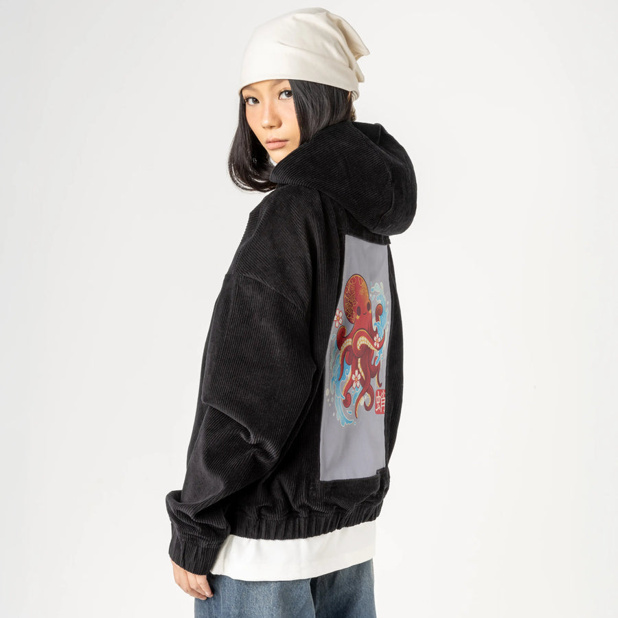 kawaiioctopus patch on female retro cord hoodie in onyx