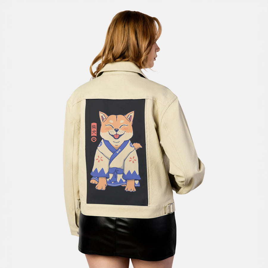 kawaiishibainu patch on female atelier canvas jacket in tan