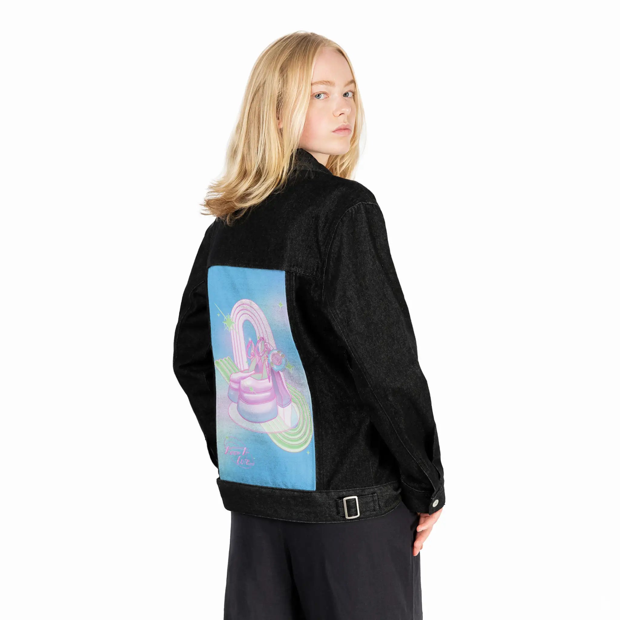 keepitcute patch on female og denim jacket in raven