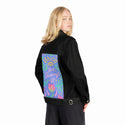 keepshowingup patch on female og denim jacket in raven