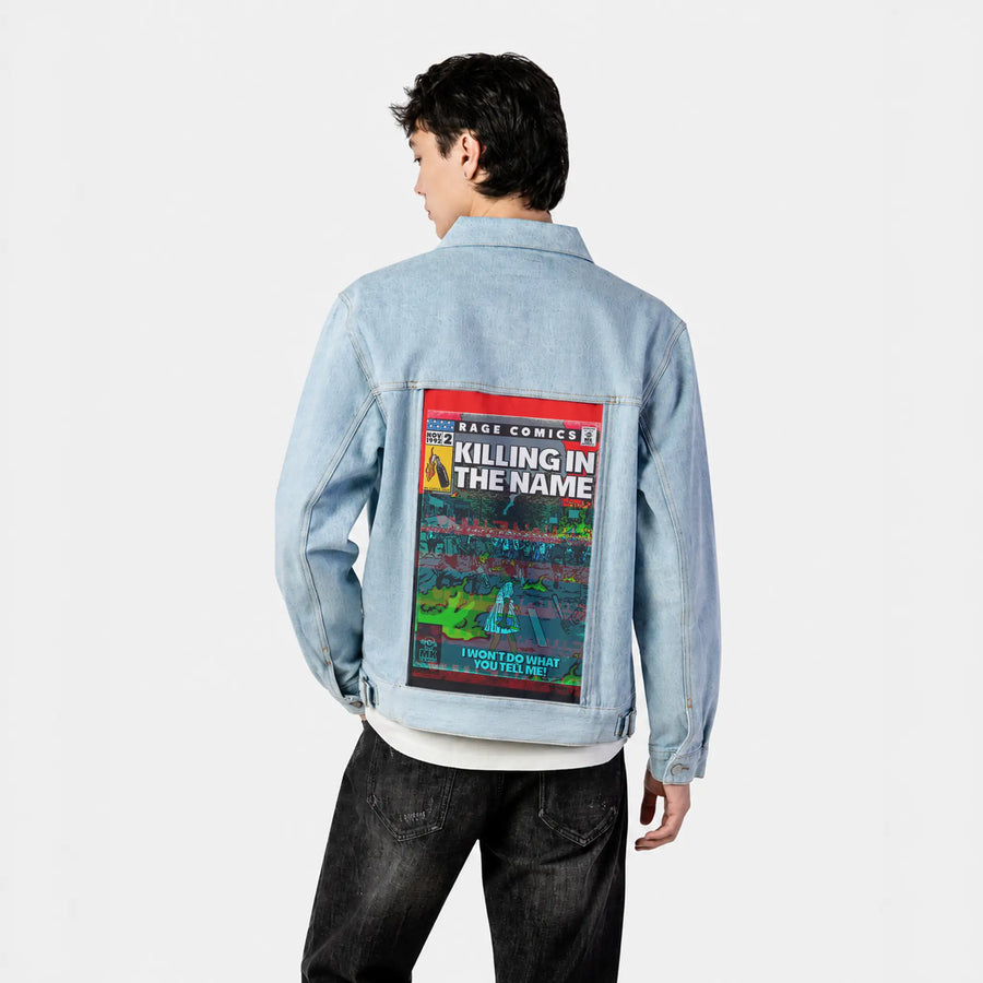killinginthename patch on male og denim jacket in oceanside